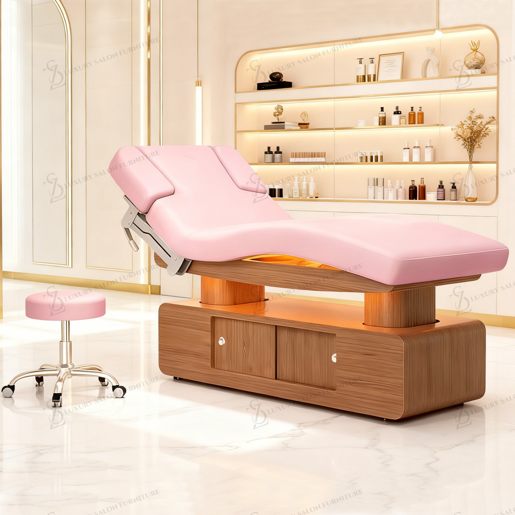 Spa Wellness Luxury - Luksusowe łóżko kosmetyczne 3/4-motoryzowane, różowe, wielofunkcyjne